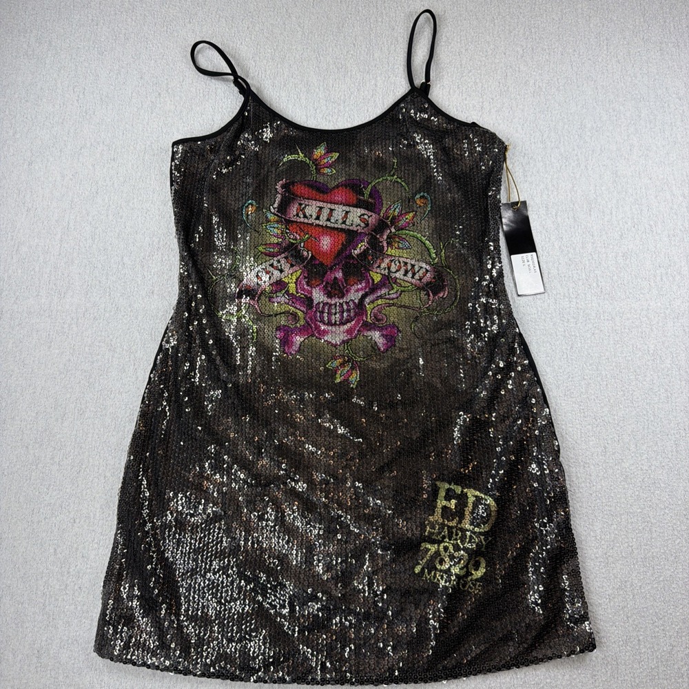 ED HARDY Christian Audigier Mini Dress Black Sequin Love Kills Slowly 90s Y2K M